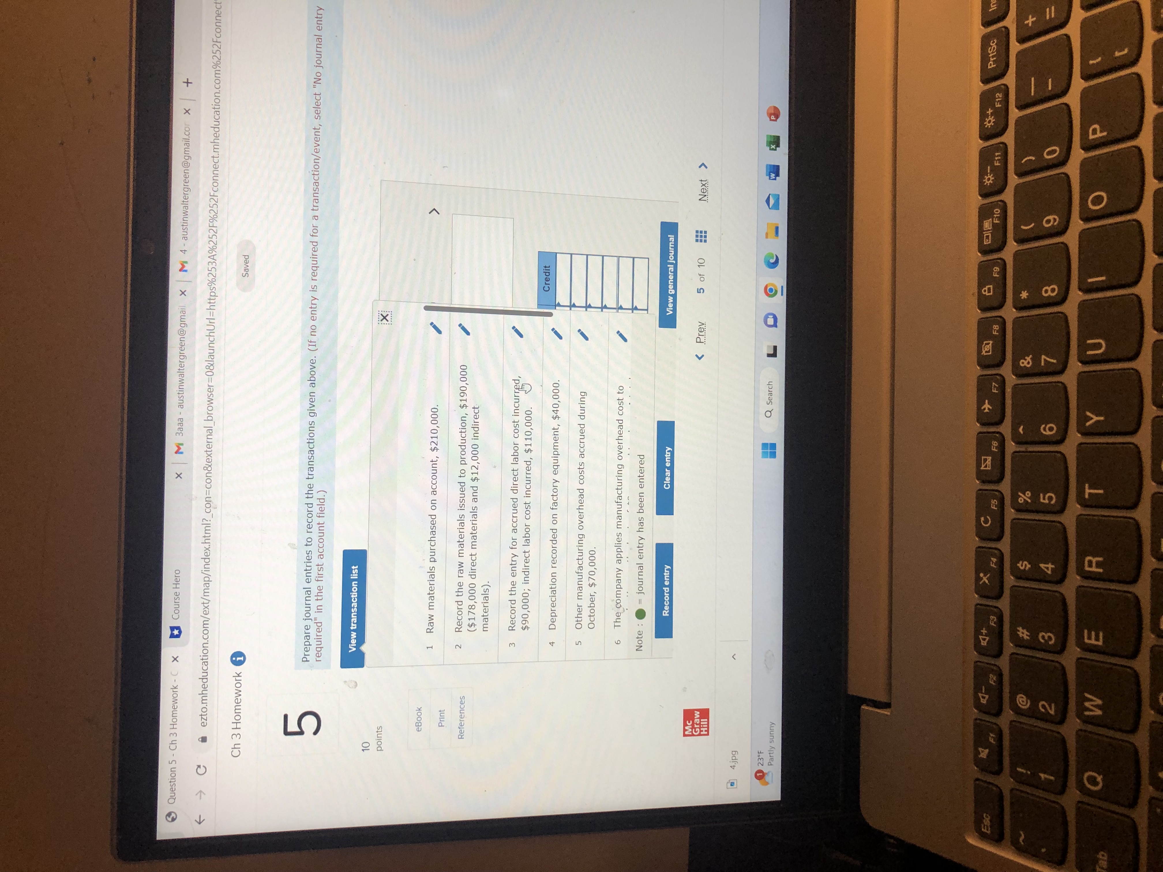 Question 5 - Ch 3 Homework - C X Course Hero x M