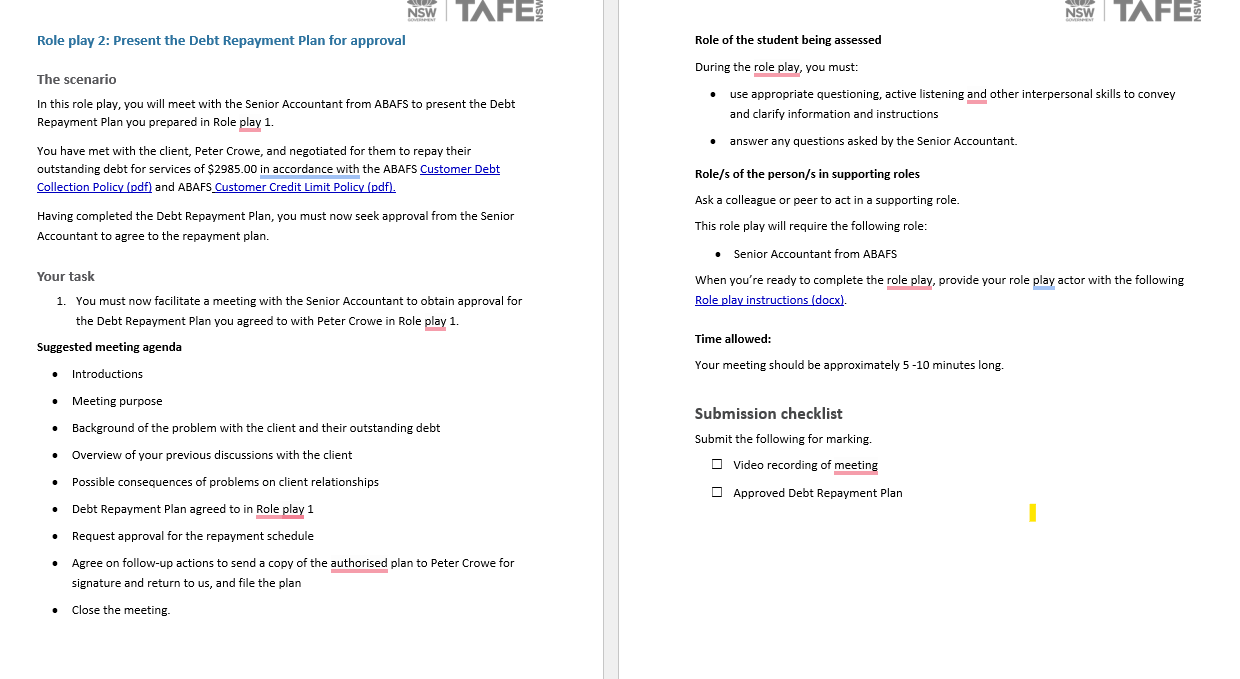 % | TAFE: Role play 2: Present the Debt Repayment