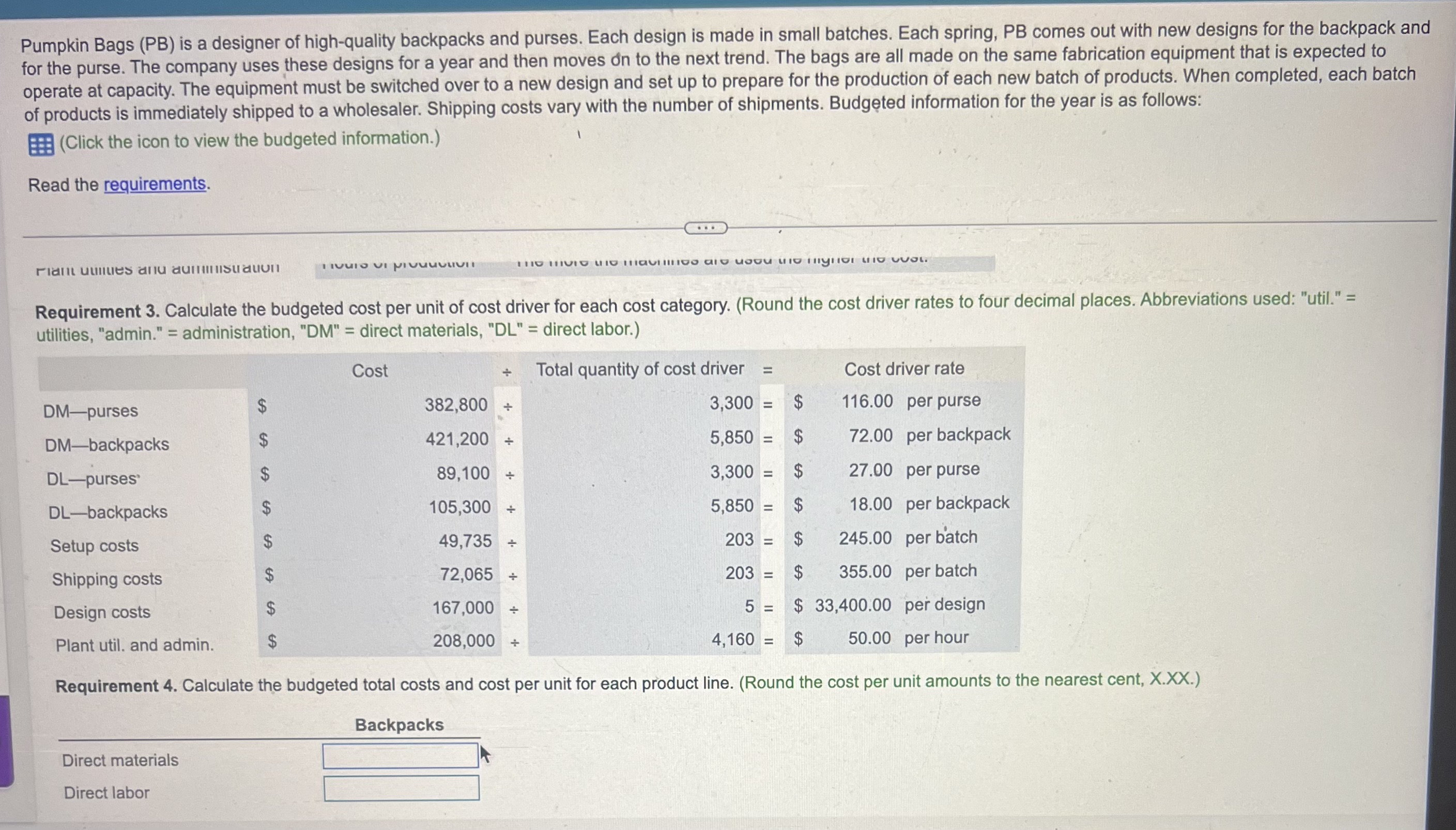 Requiremnt 4. HELP last two parts BACKPACKS &