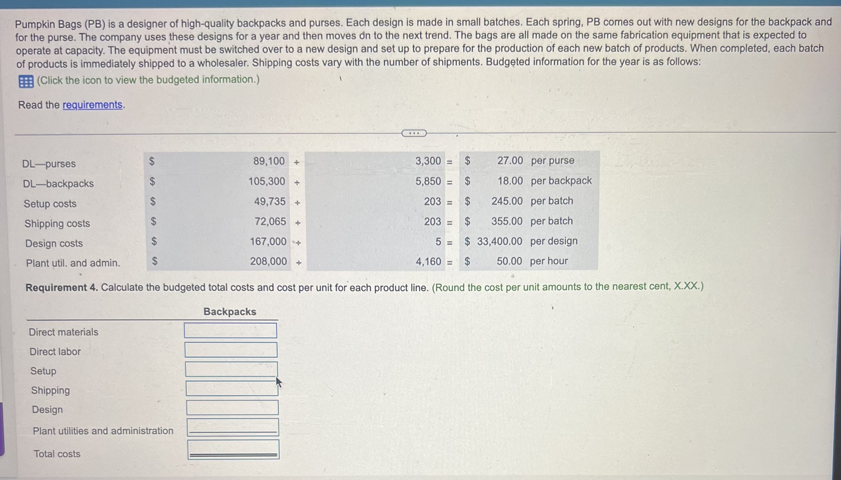 Requiremnt 4. HELP last two parts BACKPACKS &