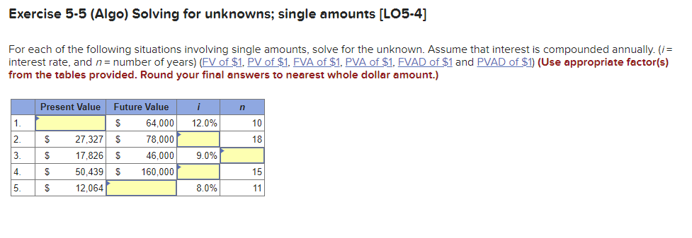 Exercise 5-5 (Algo) Solving for unknowns; single
