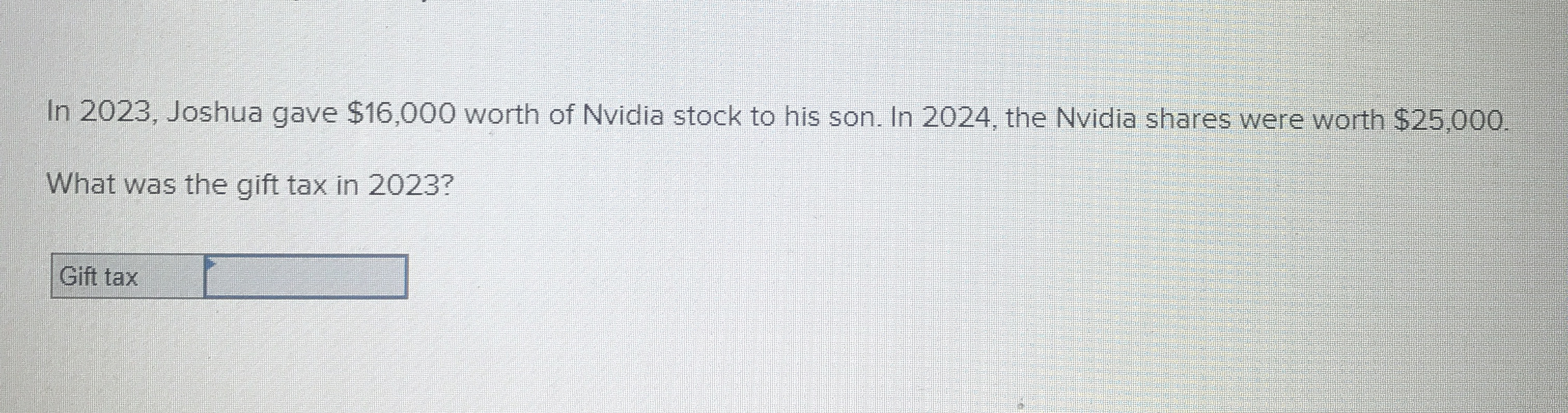 In 2 0 2 3 , Joshua gave $ 1 6 , 0 0 0 worth of