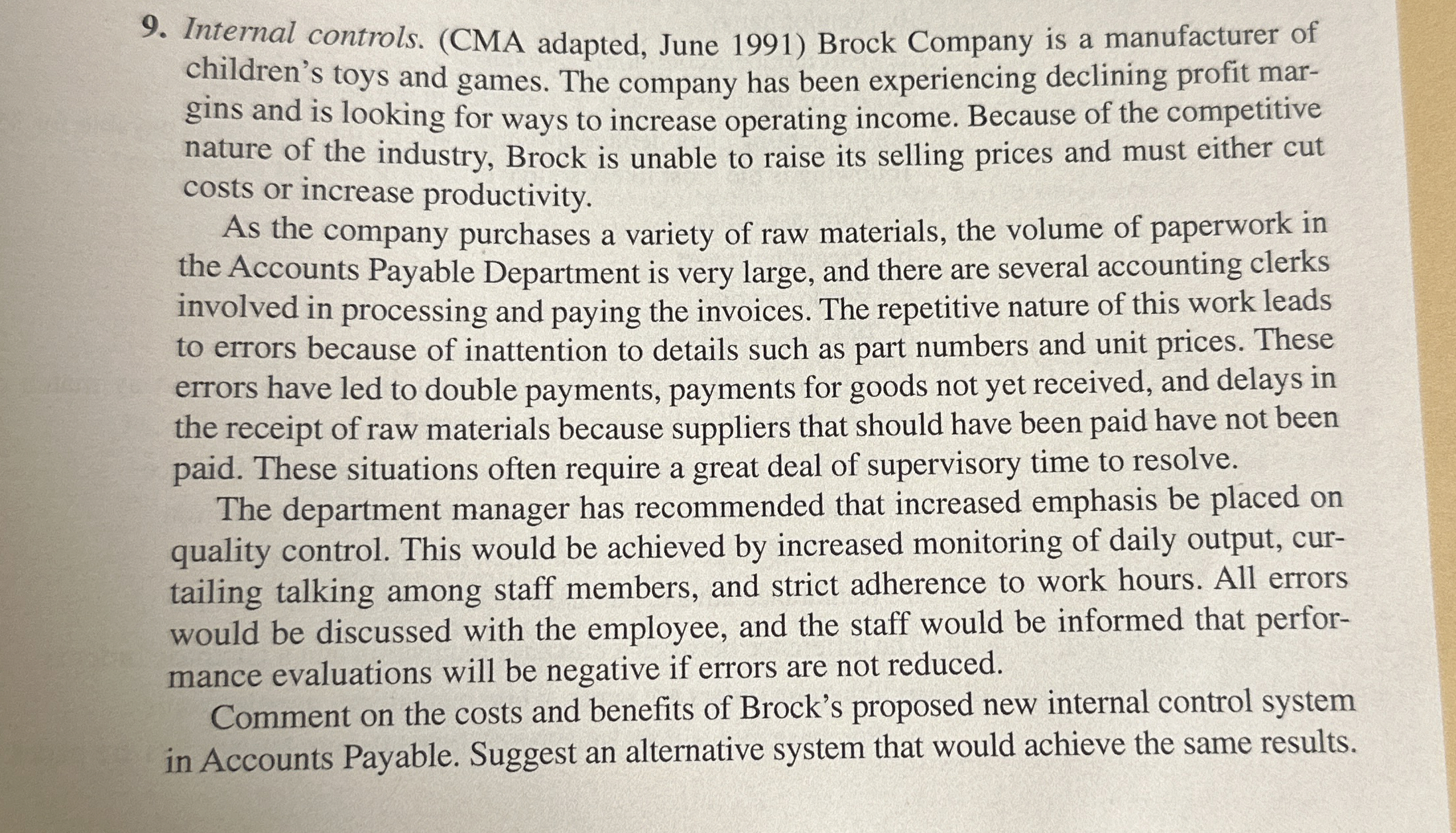 Internal controls. ( CMA adapted, June 1 9 9 1 )