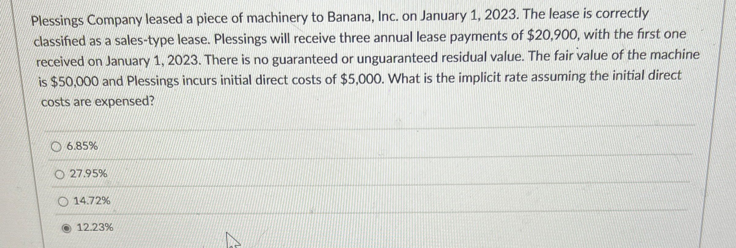 Plessings Company leased a piece of machinery to