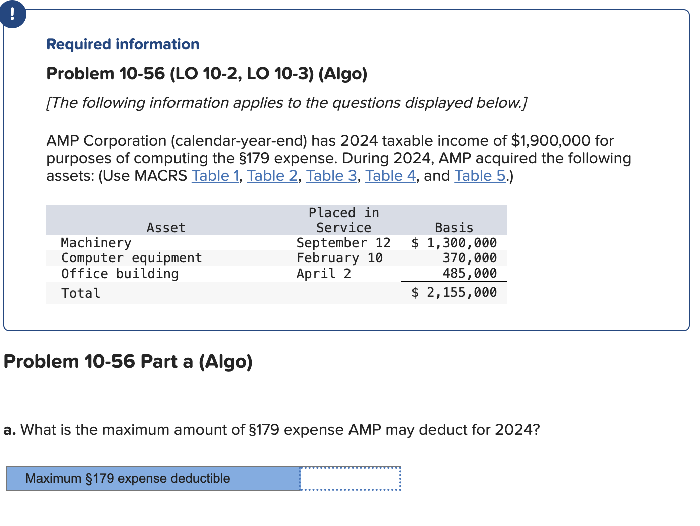 Required information Problem 1 0 - 5 6 ( LO 1 0 -