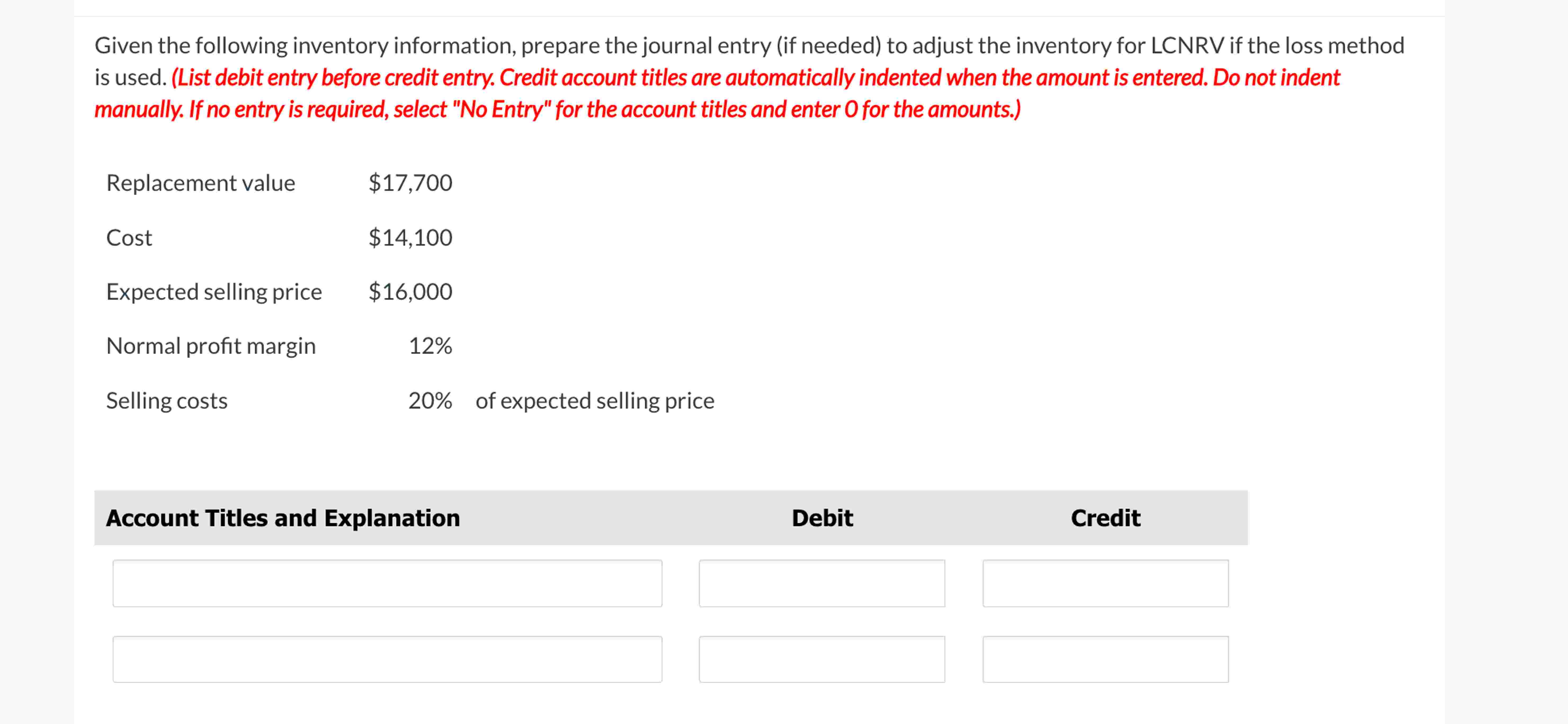 Given the following inventory information,
