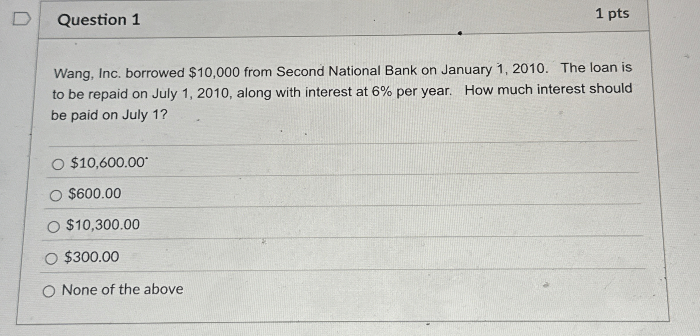 Question 1 1 pts Wang, Inc. borrowed $ 1 0 , 0 0