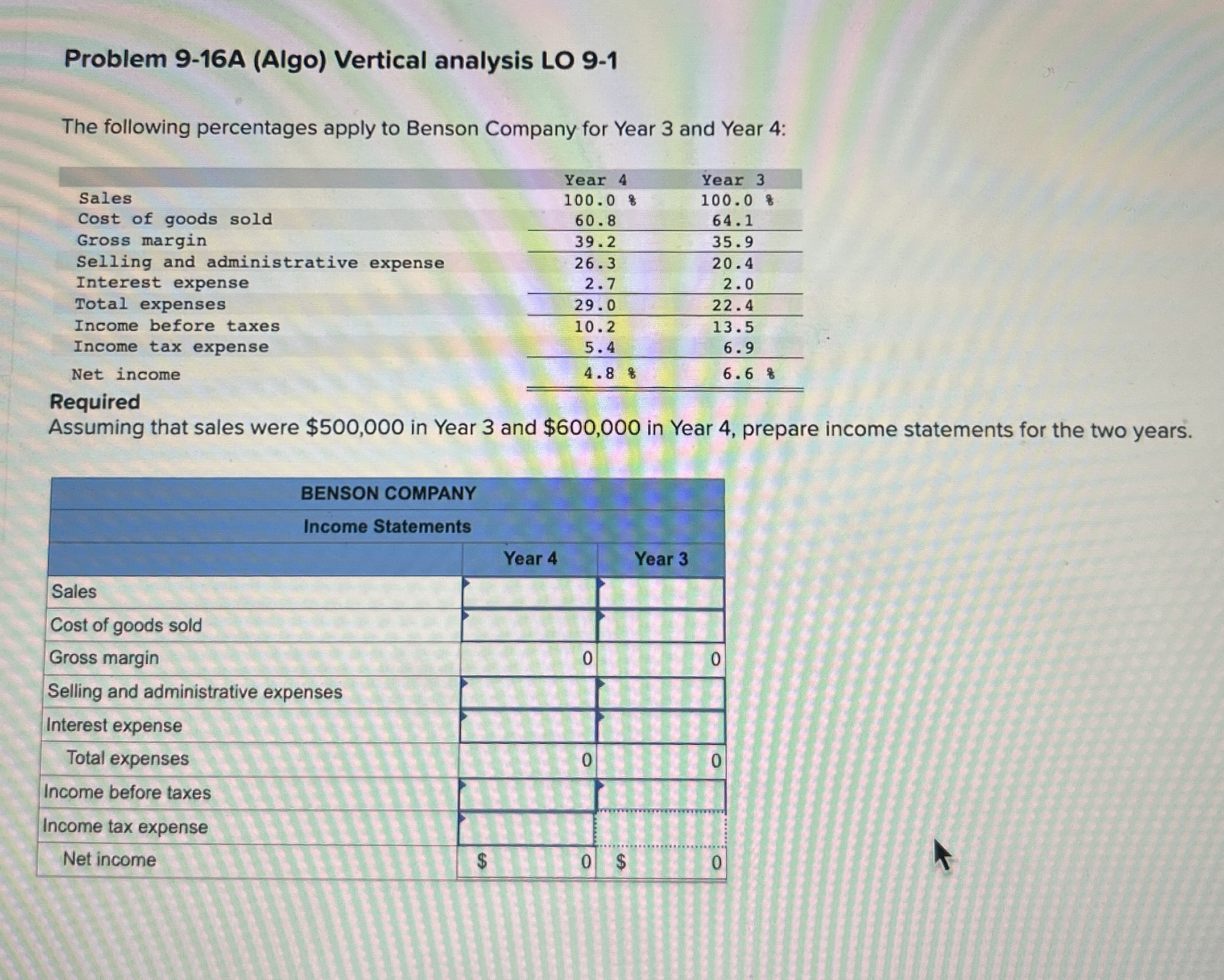 Problem 9 - 1 6 A ( Algo ) Vertical analysis LO 9