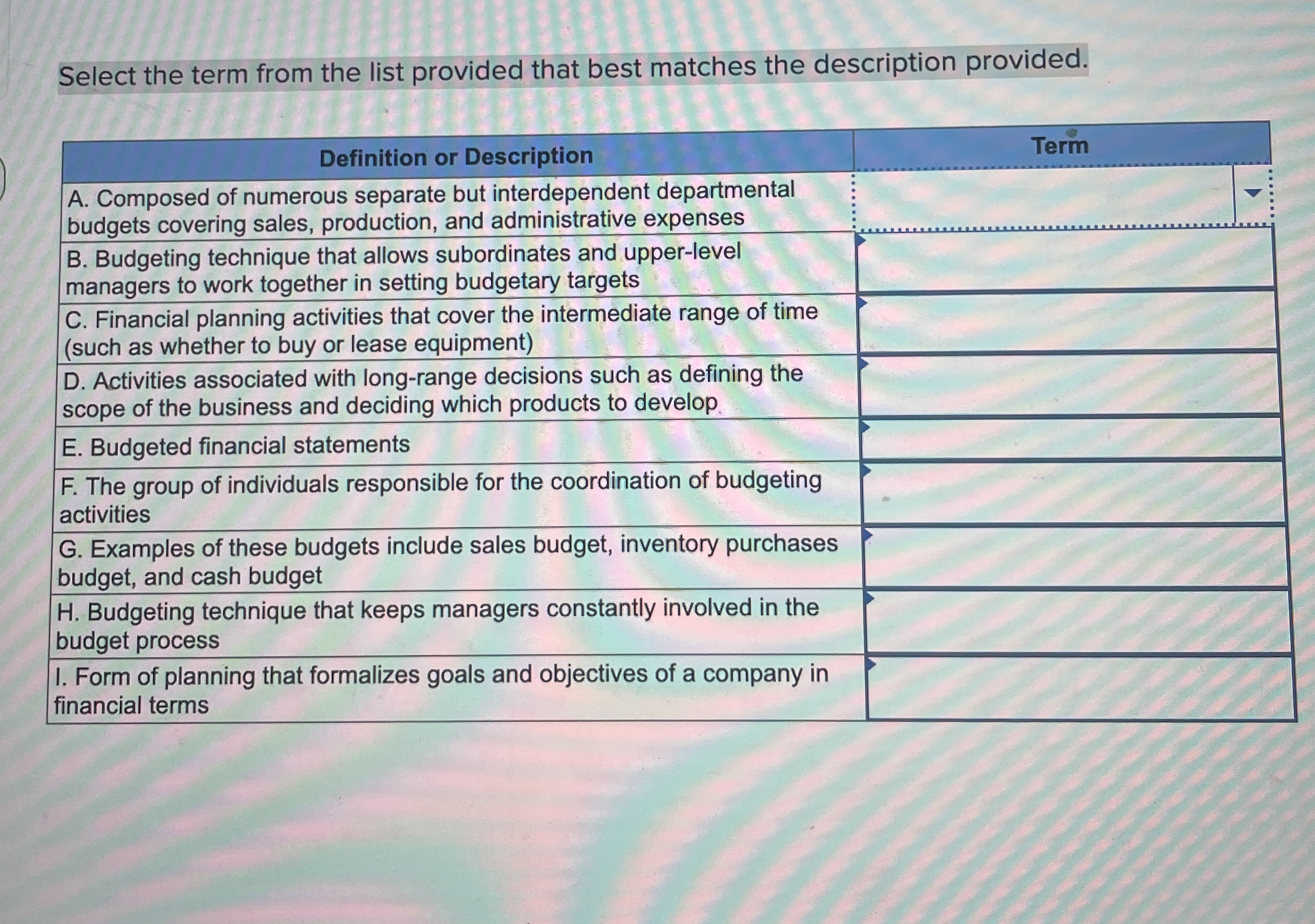 Select the term from the list provided that best