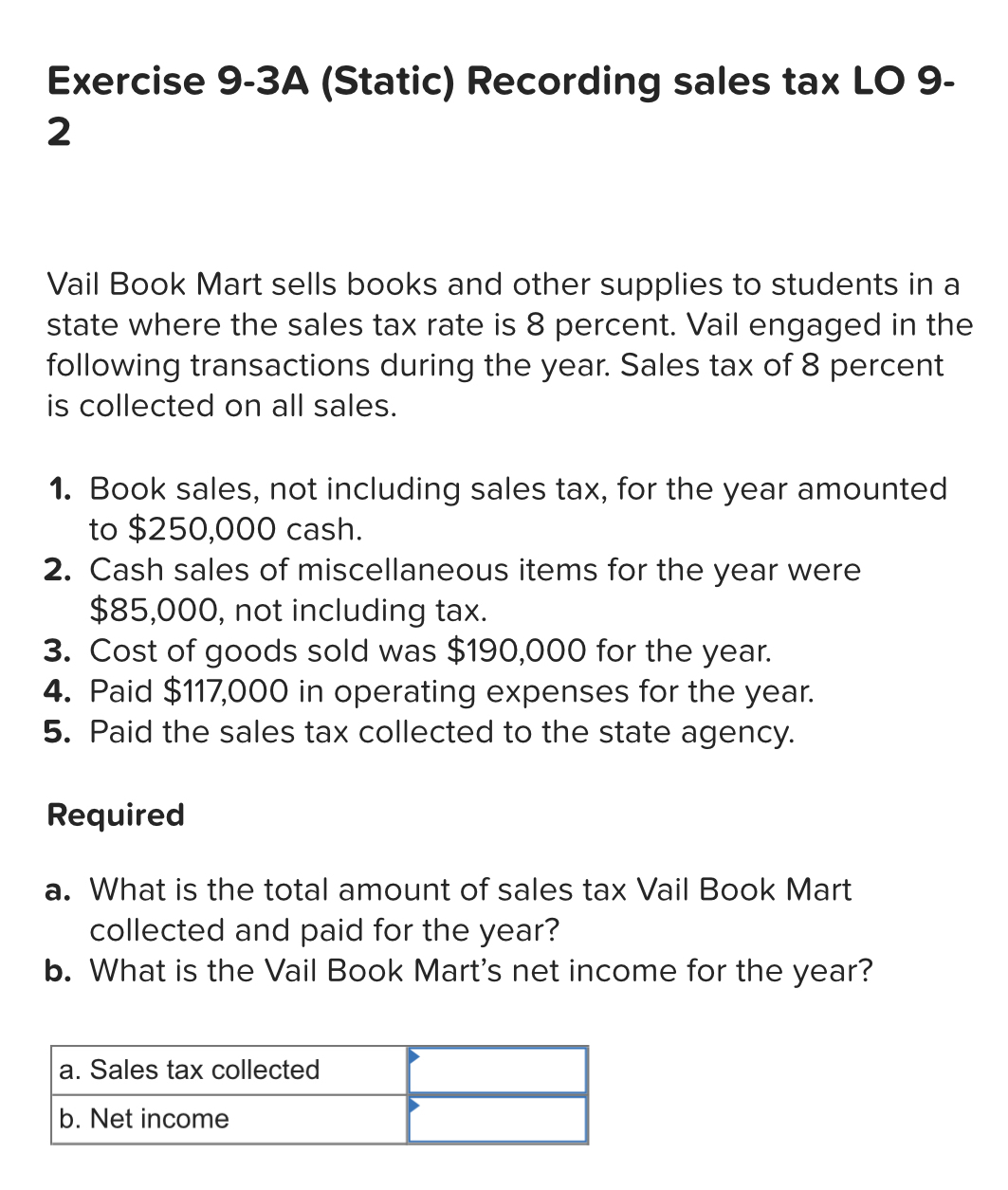 Exercise 9 - 3 A ( Static ) Recording sales tax