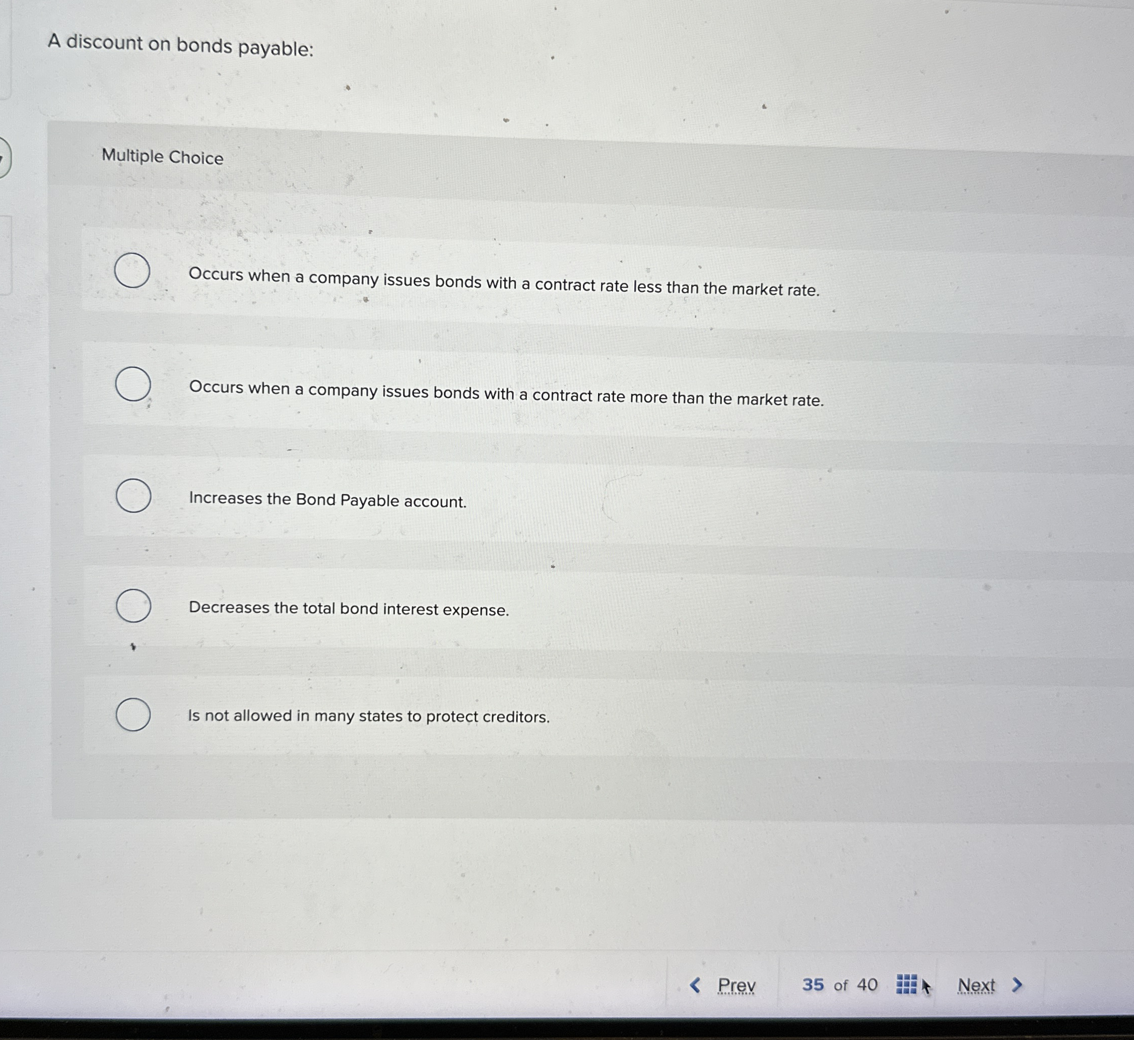 A discount on bonds payable: Multiple Choice