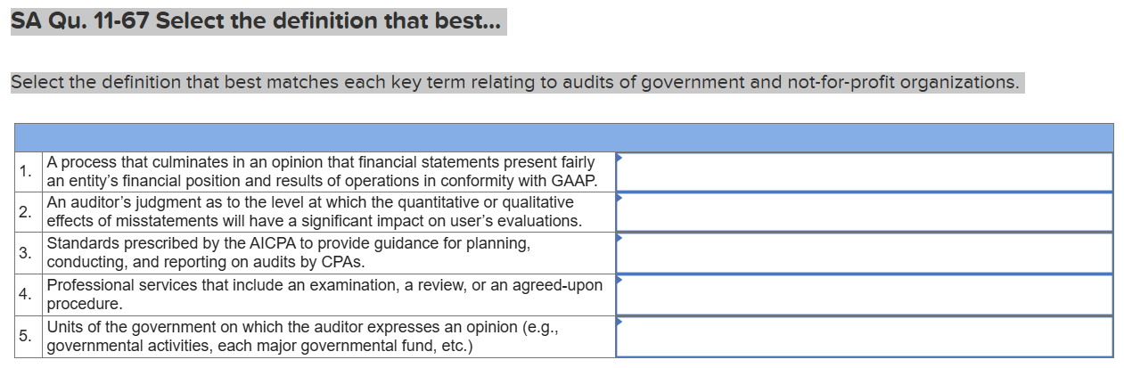 SA Qu . 1 1 - 6 7 Select the definition that