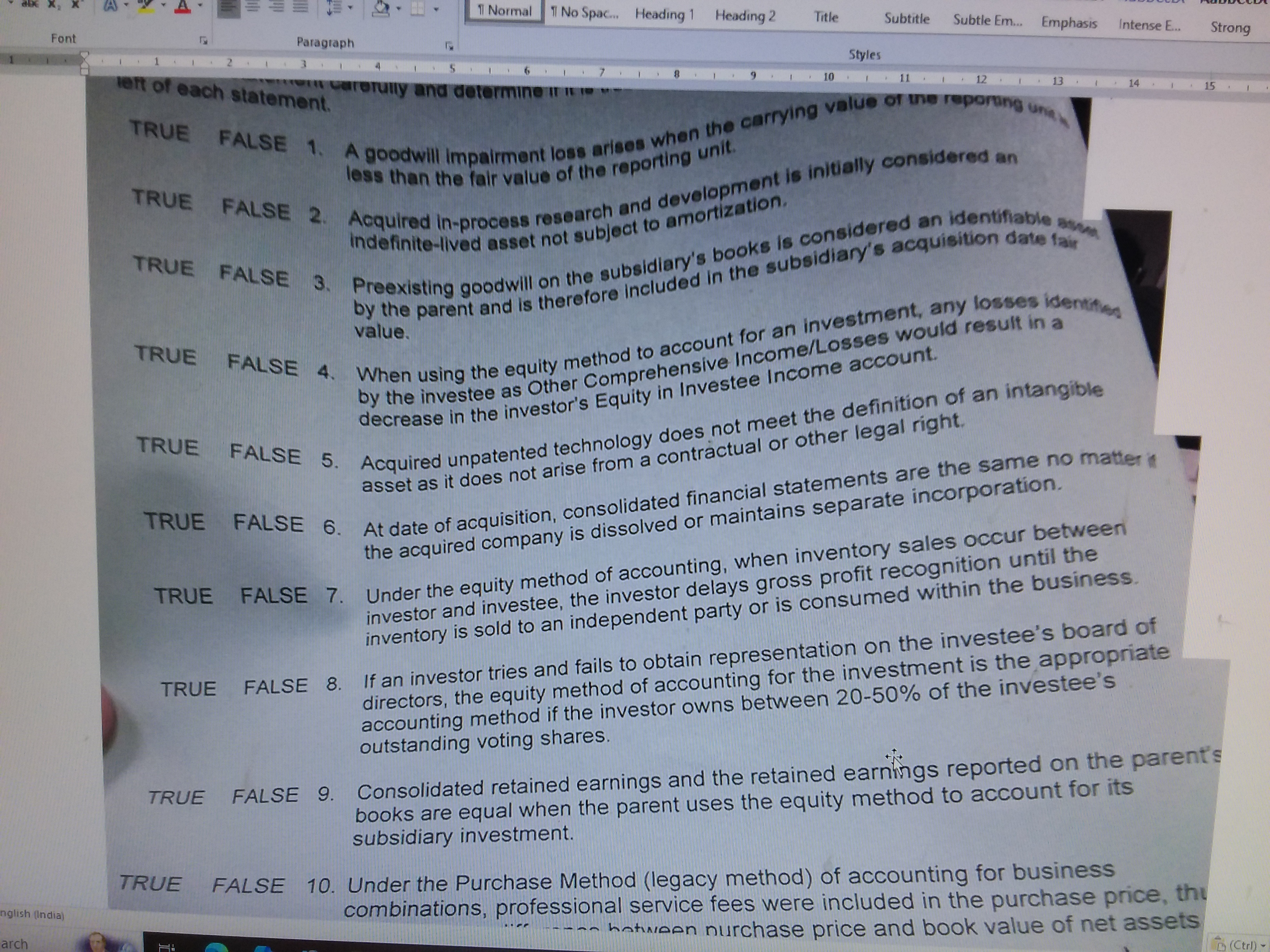 telt o f each statement. TRUE FALSE 1 . A