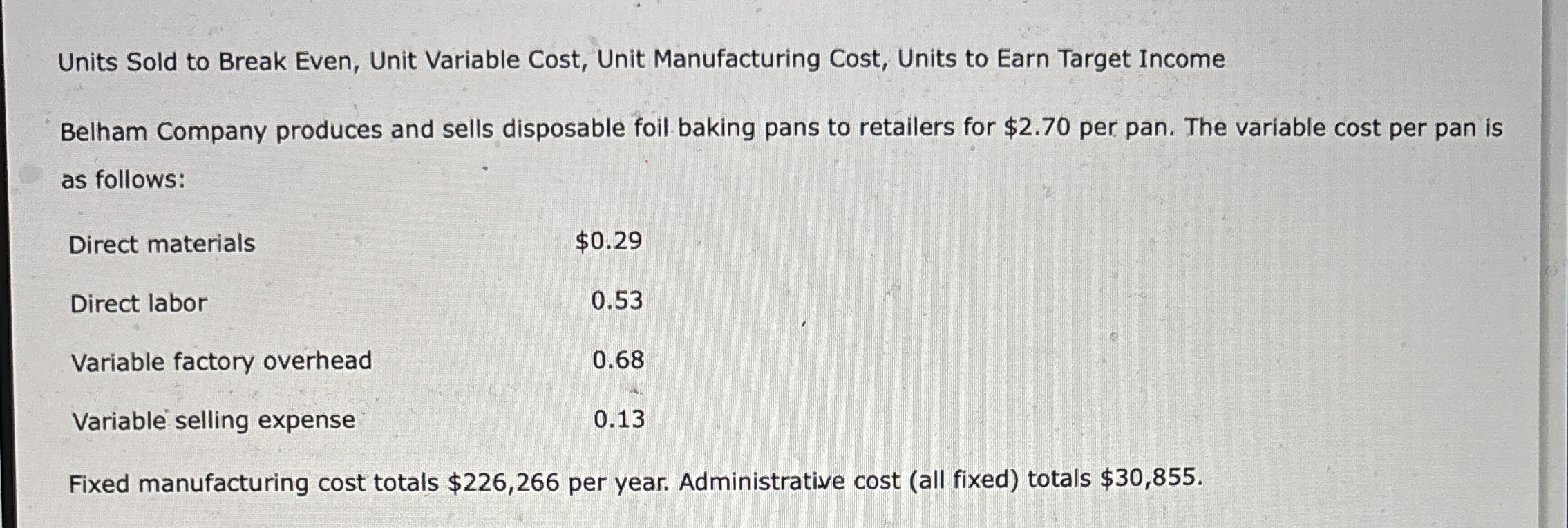 Units Sold to Break Even, Unit Variable Cost,