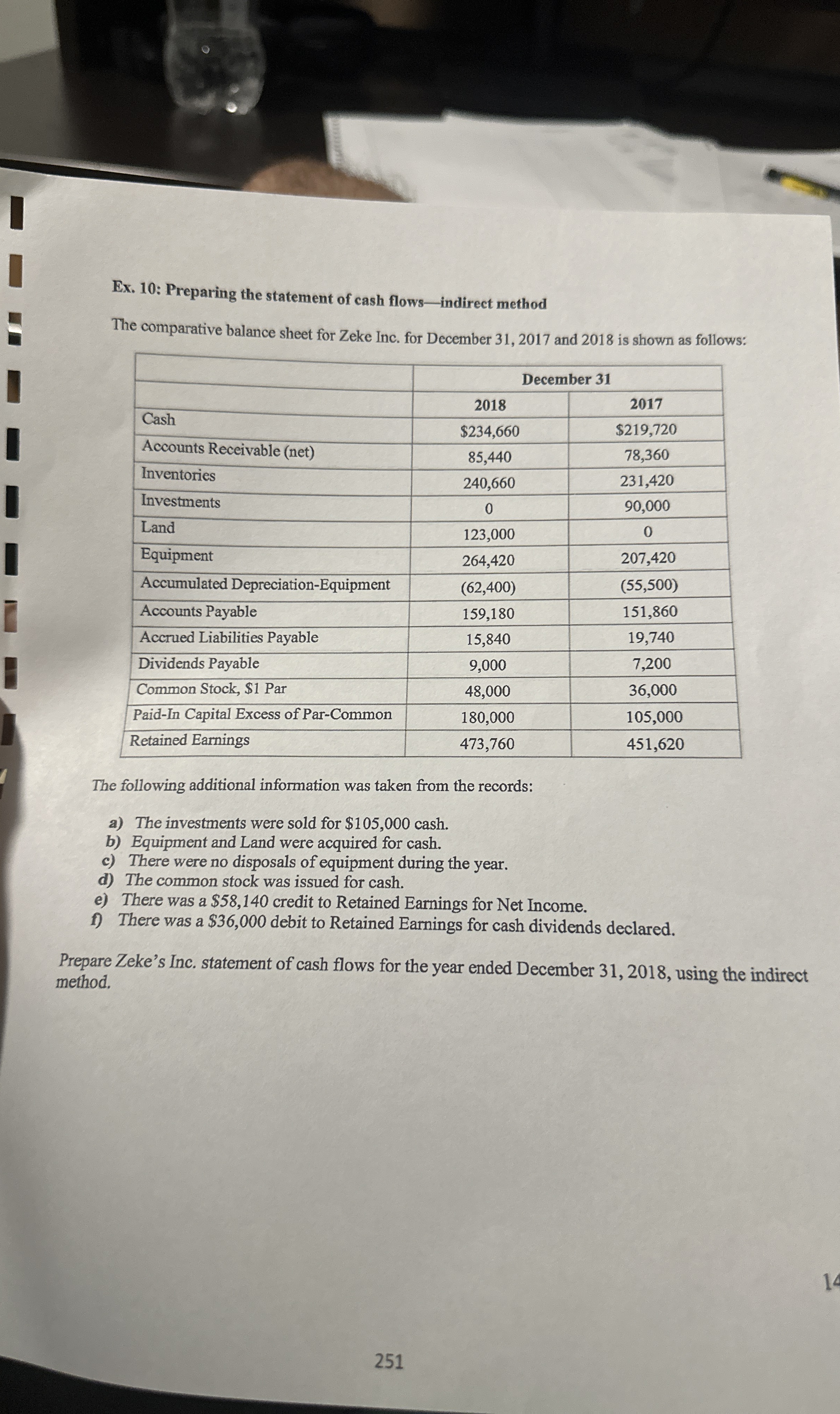 Ex . 1 0 : Preparing the statement of cash flows