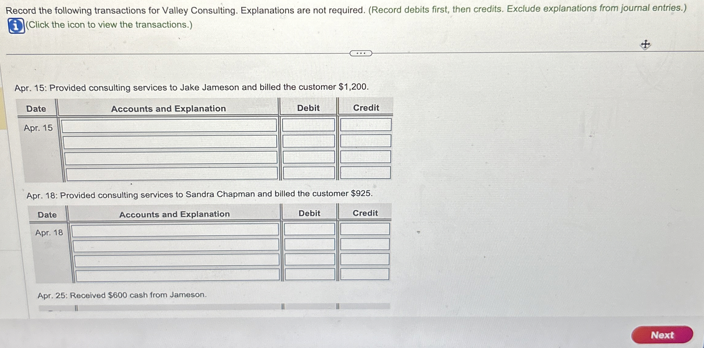 Record the following transactions for Valley