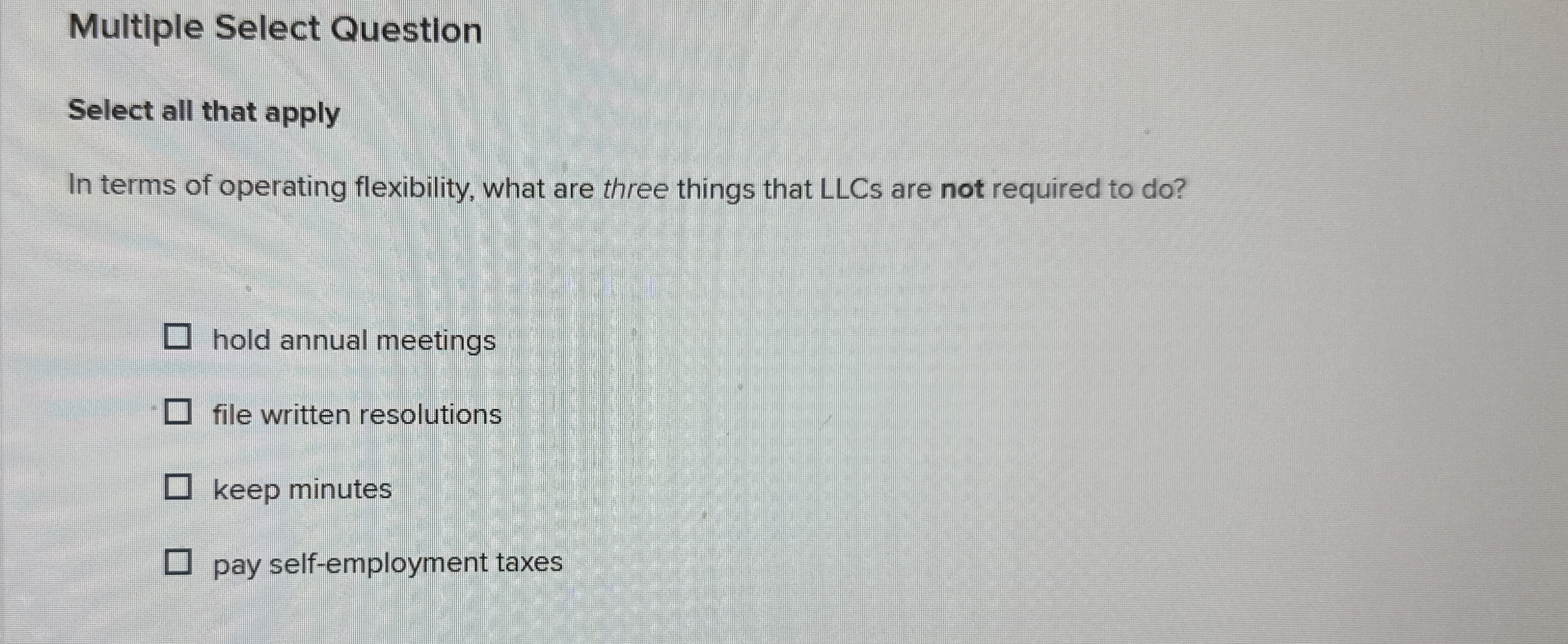 Multiple Select Questlon Select all that apply In