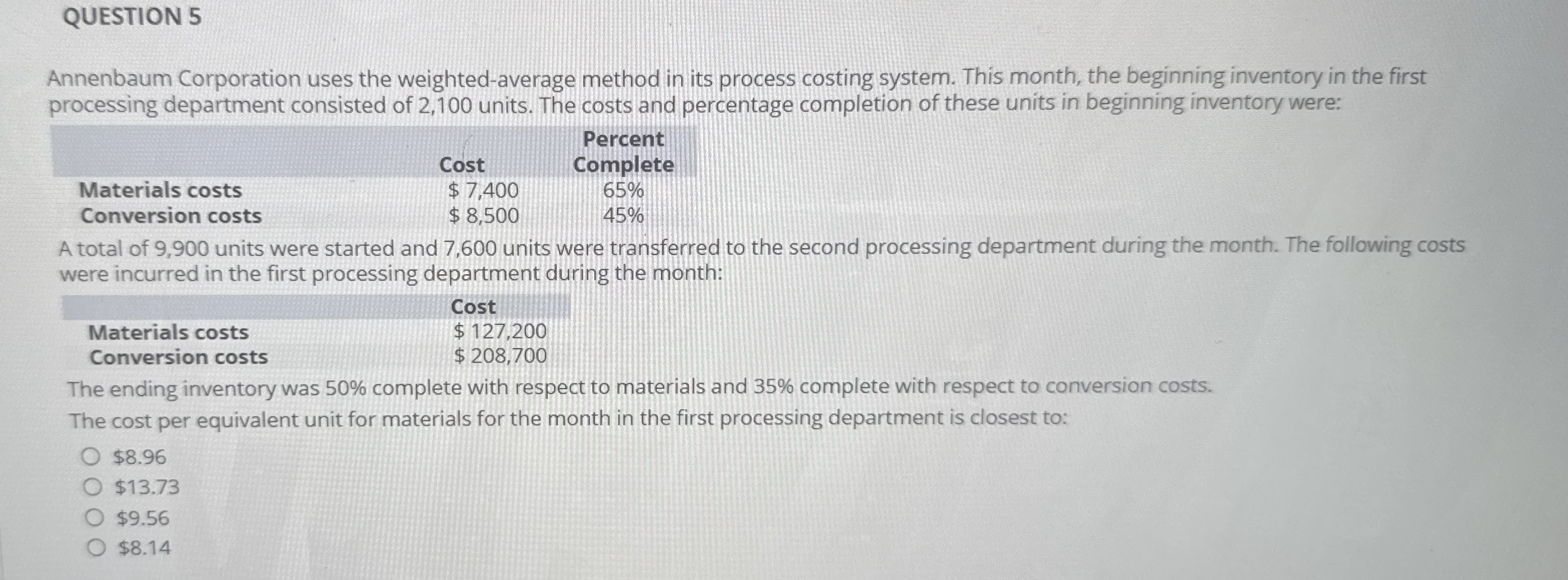 QUESTION 5 Annenbaum Corporation uses the