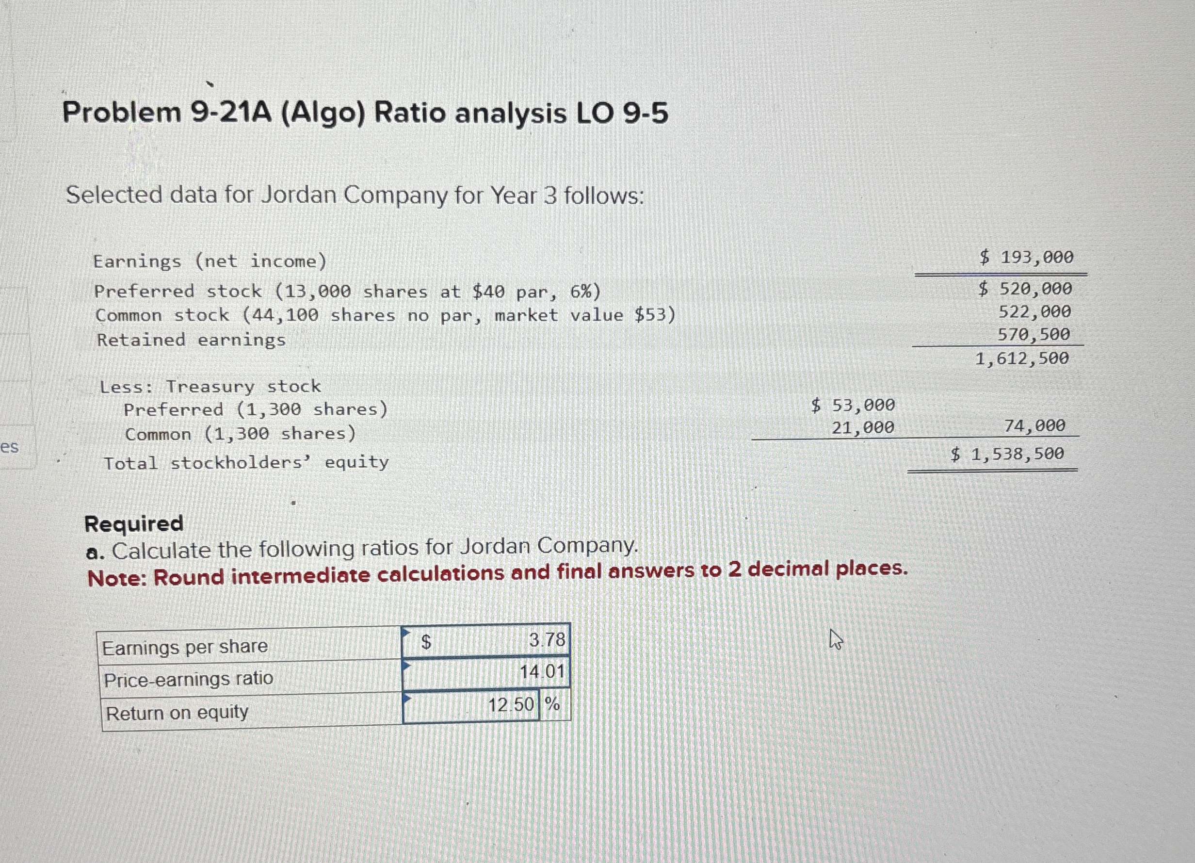 Problem 9 - 2 1 A ( Algo ) Ratio analysis LO 9 -