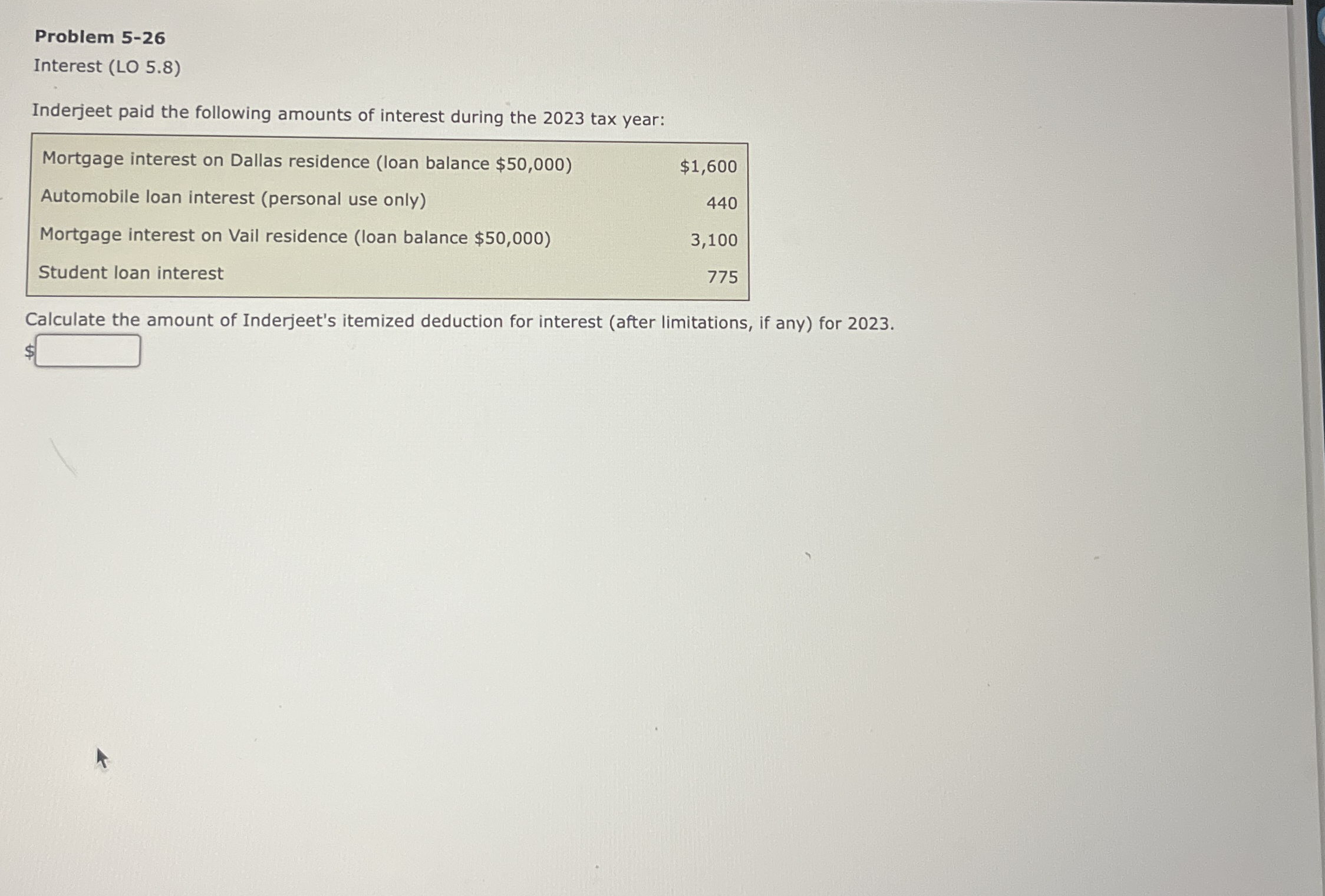 Problem 5 - 2 6 Interest ( LO 5 . 8 ) Inderjeet