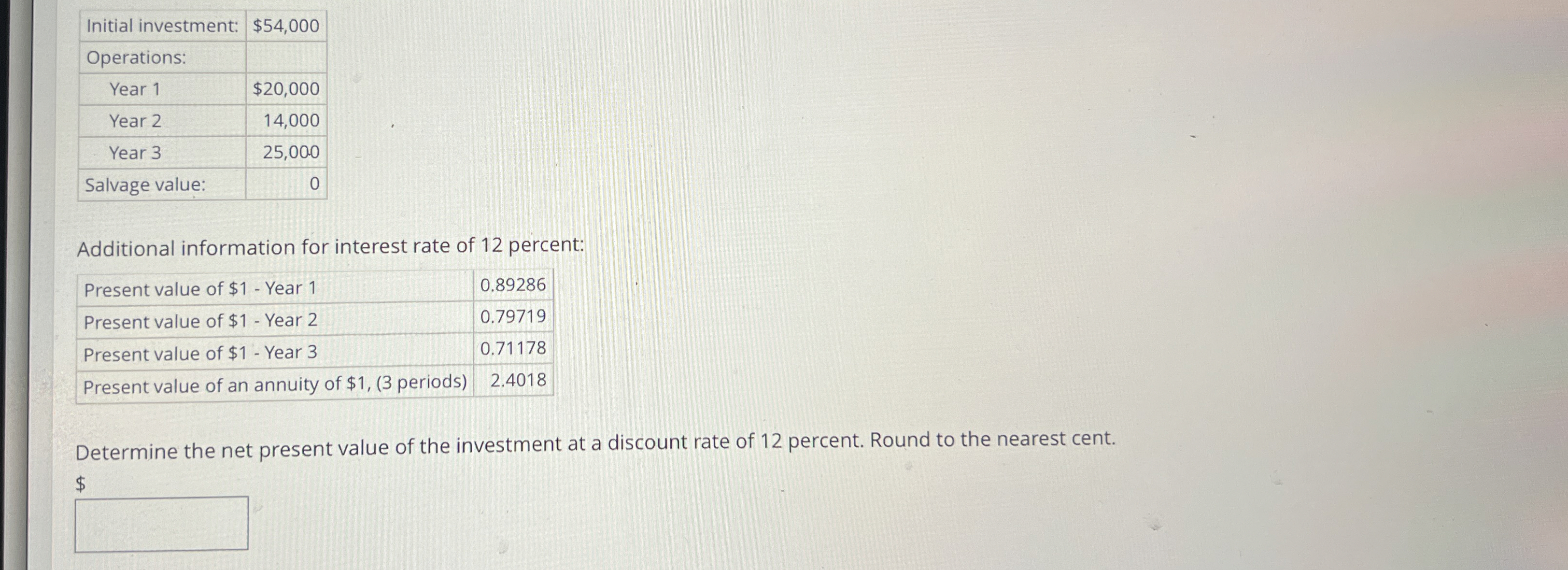 \ table [ [ Initial investment:,$ 5 4 , 0 0 0
