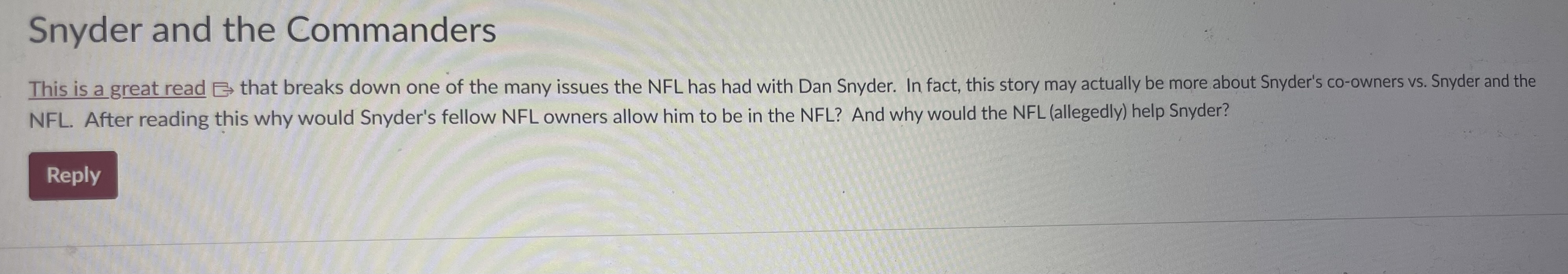 Snyder and the Commanders This is a great read E