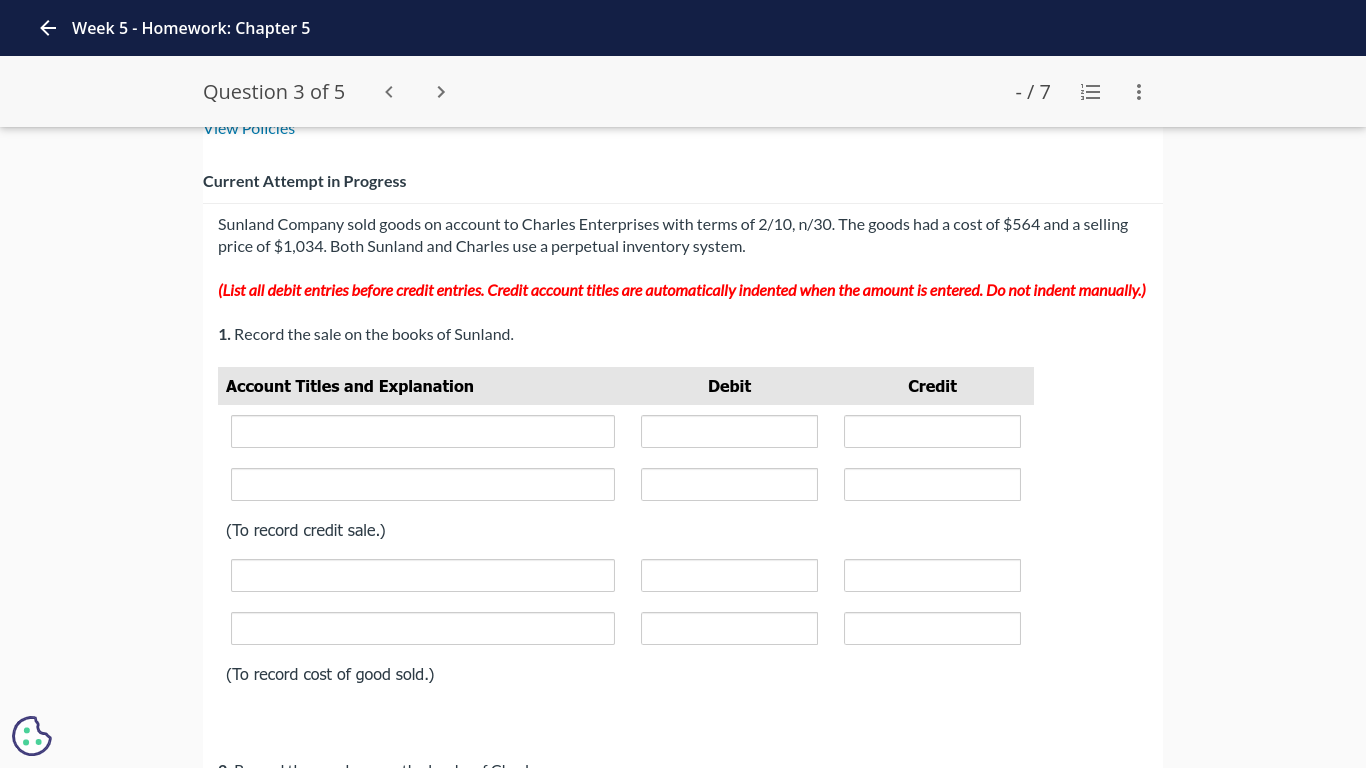 6 Week 5 - Homework: Chapter 5 Question 3 of5 < >