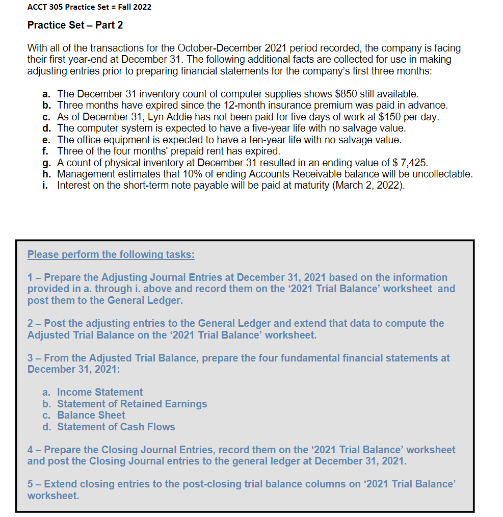 ACCT 305 Practice Set = Fall 2022 Practice Set