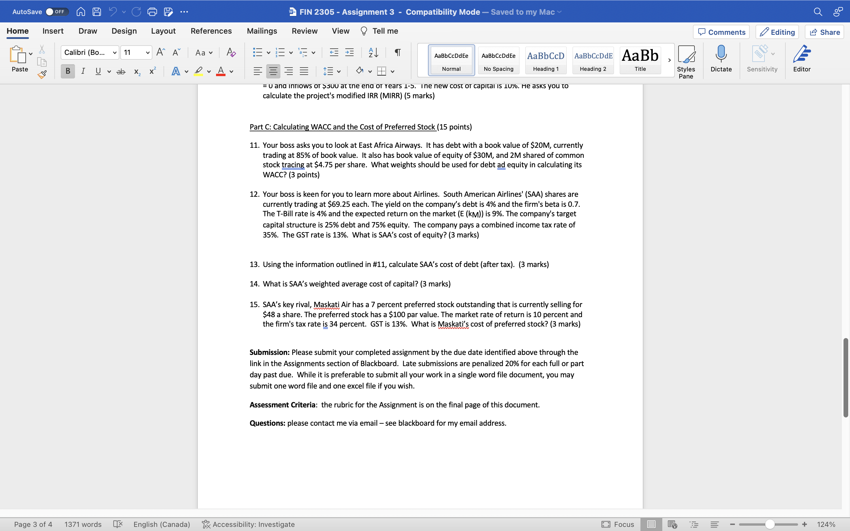 AutoSave OFF A A CGP ... w- FIN 2305 - Assignment