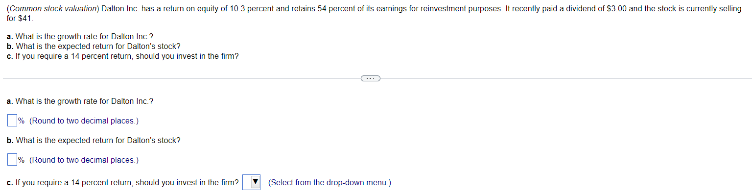 (Common stock valuation) Dalton Inc. has a return