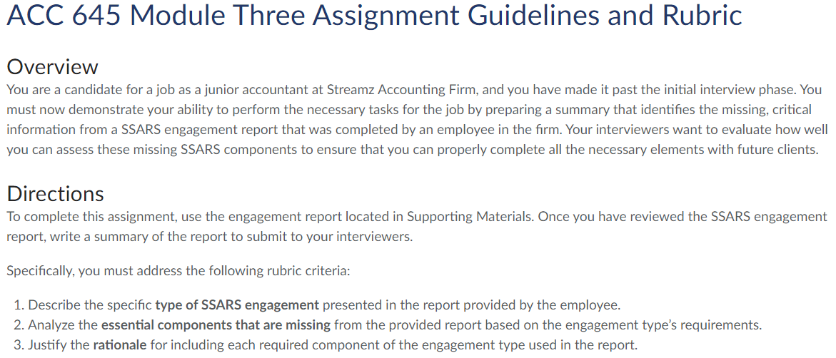 ACC 645 Module Three Assignment Guidelines and