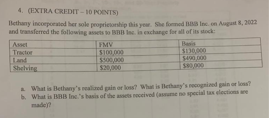 4. (EXTRA CREDIT - 10 POINTS) Bethany