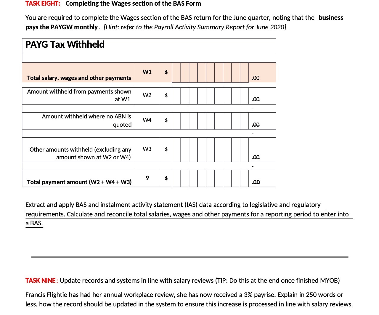 TASK EIGHT: Completing the Wages section of the