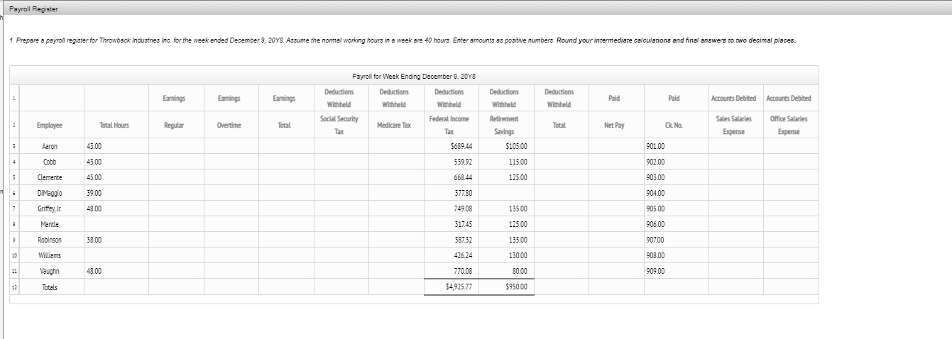 Instructions The following data for Throwback