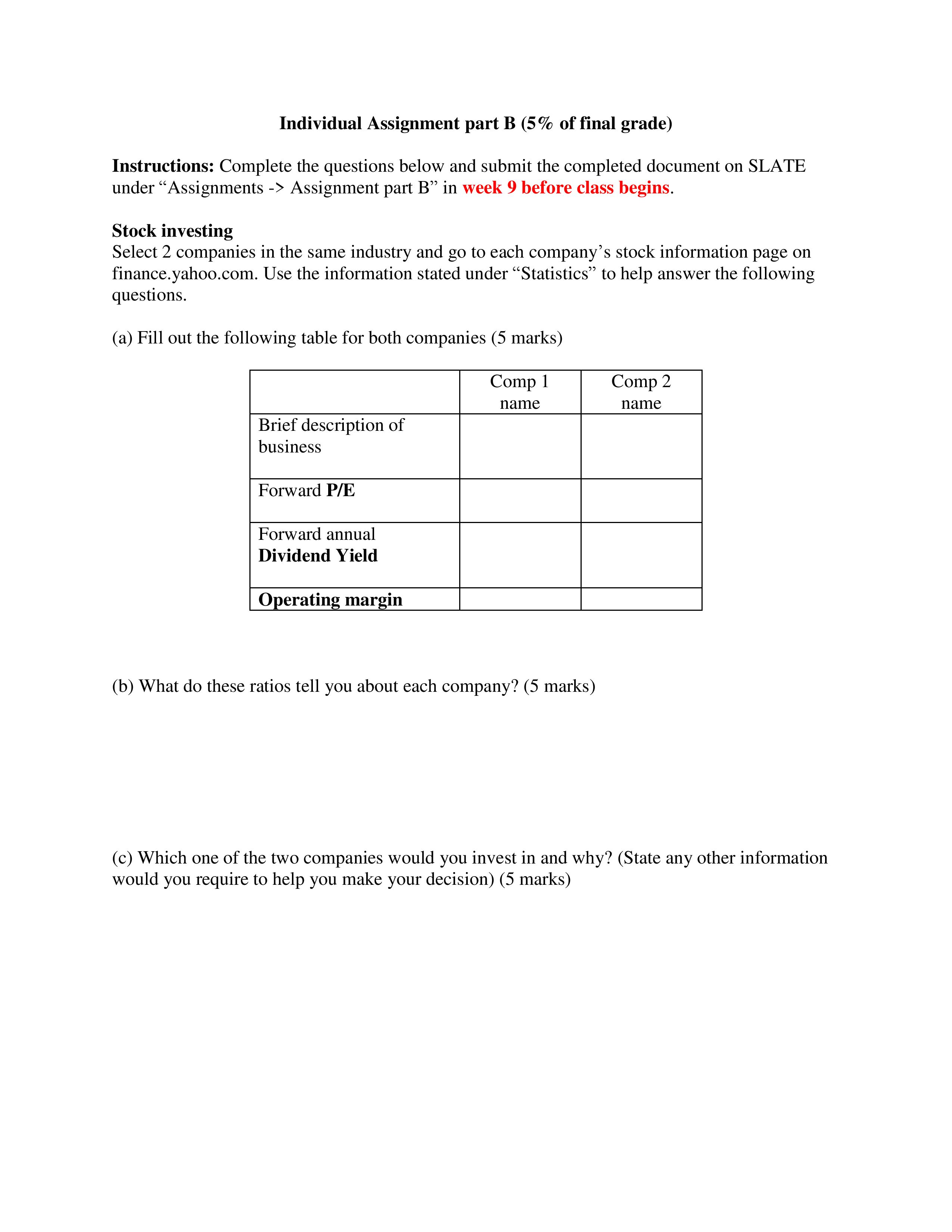 Individual Assignment part B (5% of nal grade)