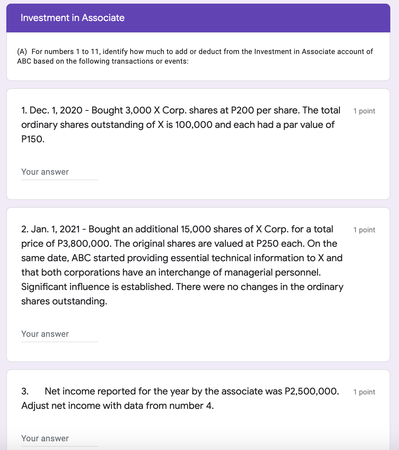 Investment in Associate (A) For numbers 1 to 11,