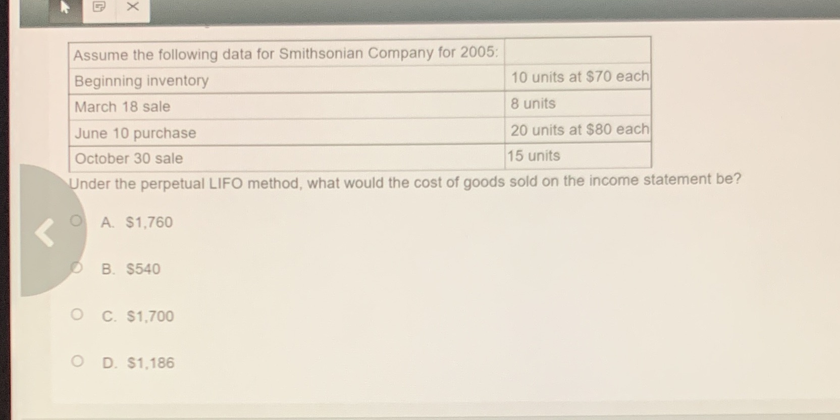 X Assume the following data for Smithsonian