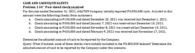 need asap. CASH AND CASH EQUIVALENTS Problem 1