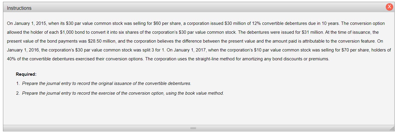 Instructions On January 1, 2015, when its $30 par