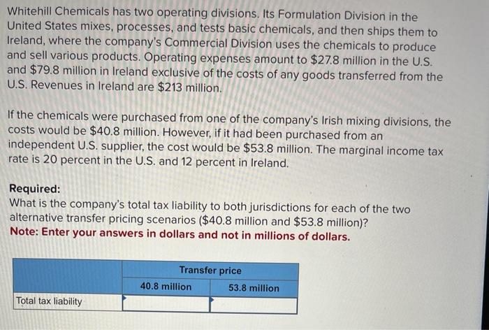 5 Whitehill Chemicals has two operating