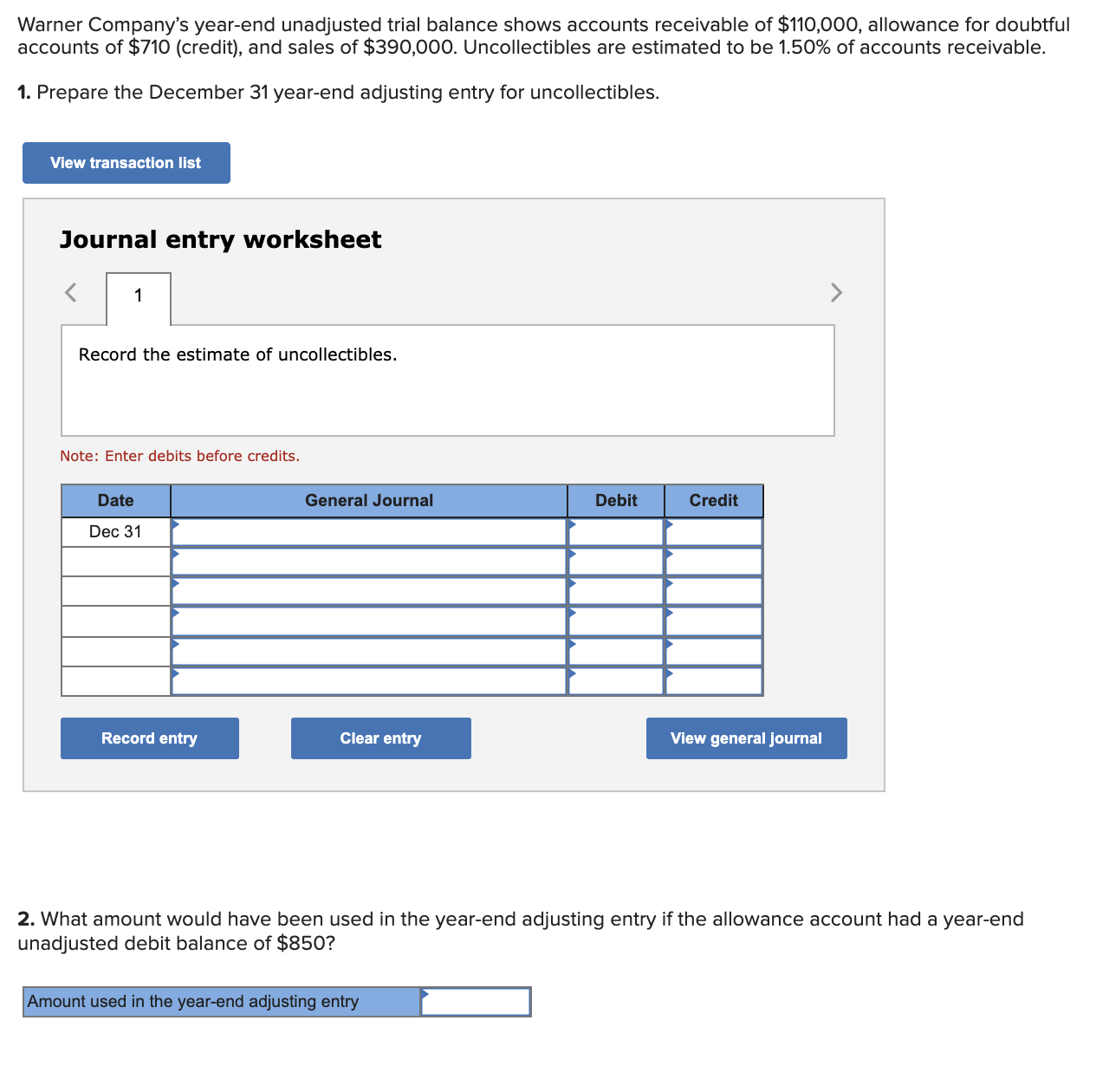 Warner Company's year-end unadjusted trial