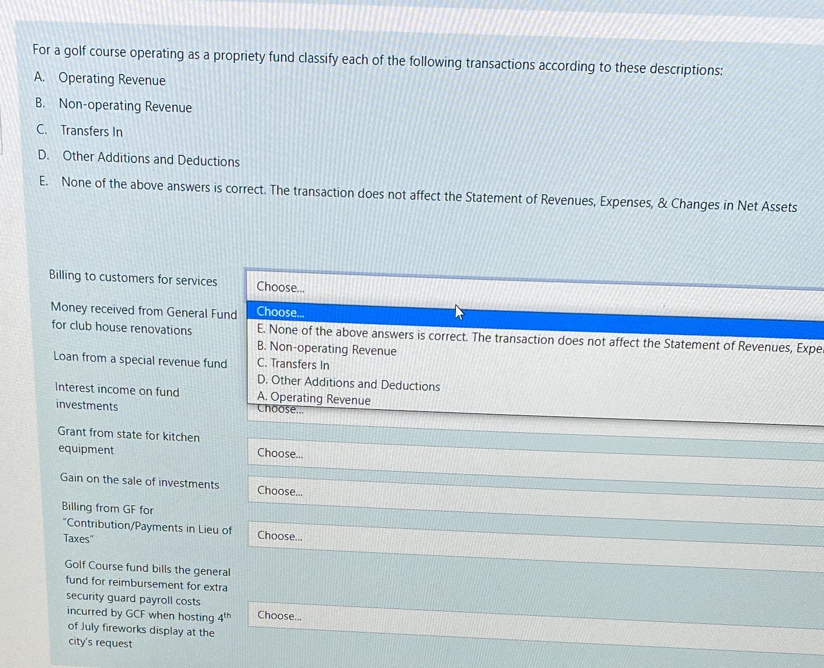 For a golf course operating as a propriety fund