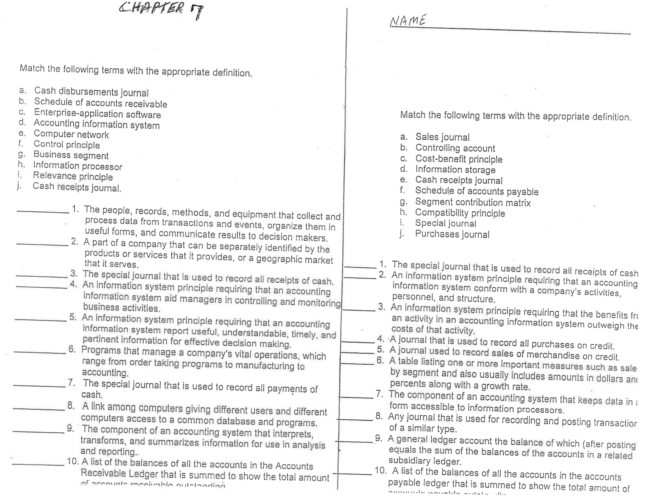 Please help match the definitions CHAPTER 7 NAME