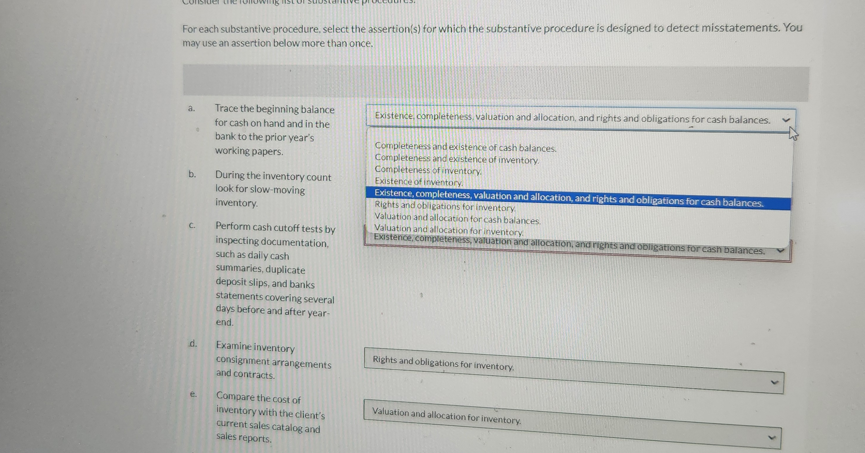 For each substantive procedure, select the