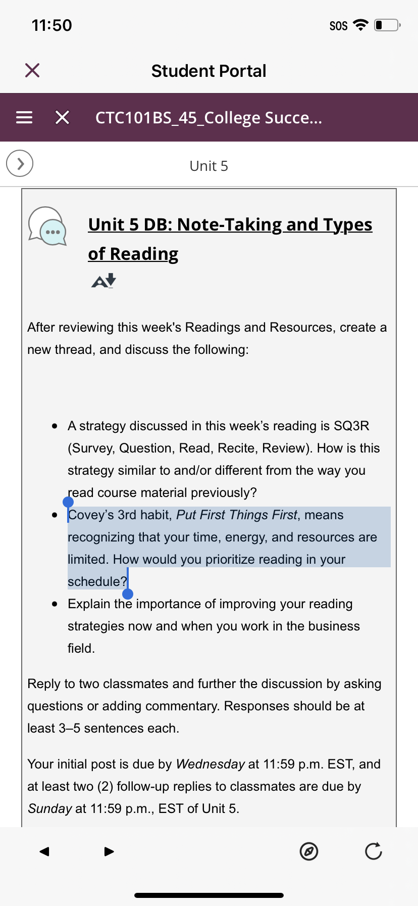 11:50 SOS X Student Portal = X