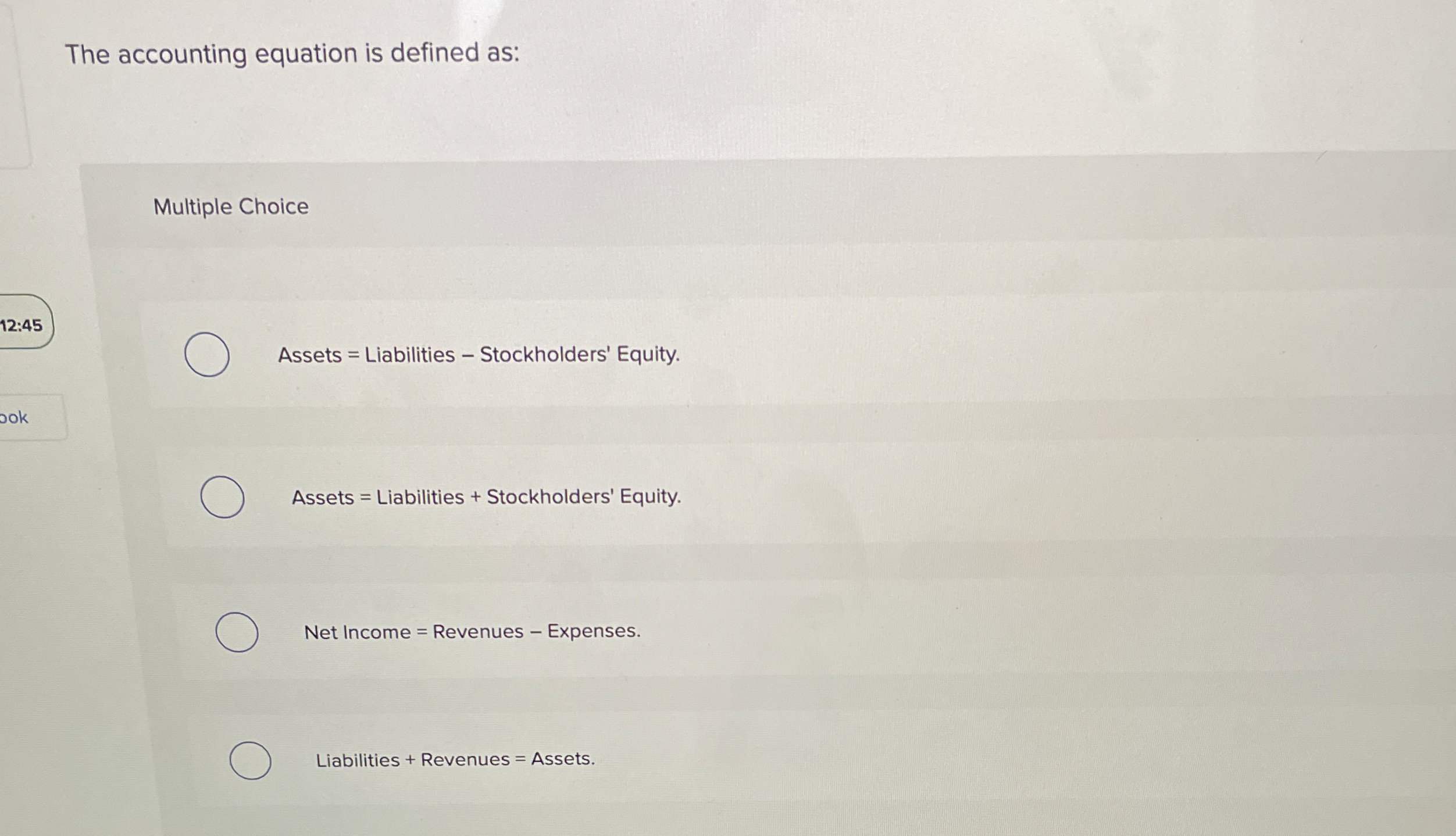 The accounting equation is defined as: Multiple