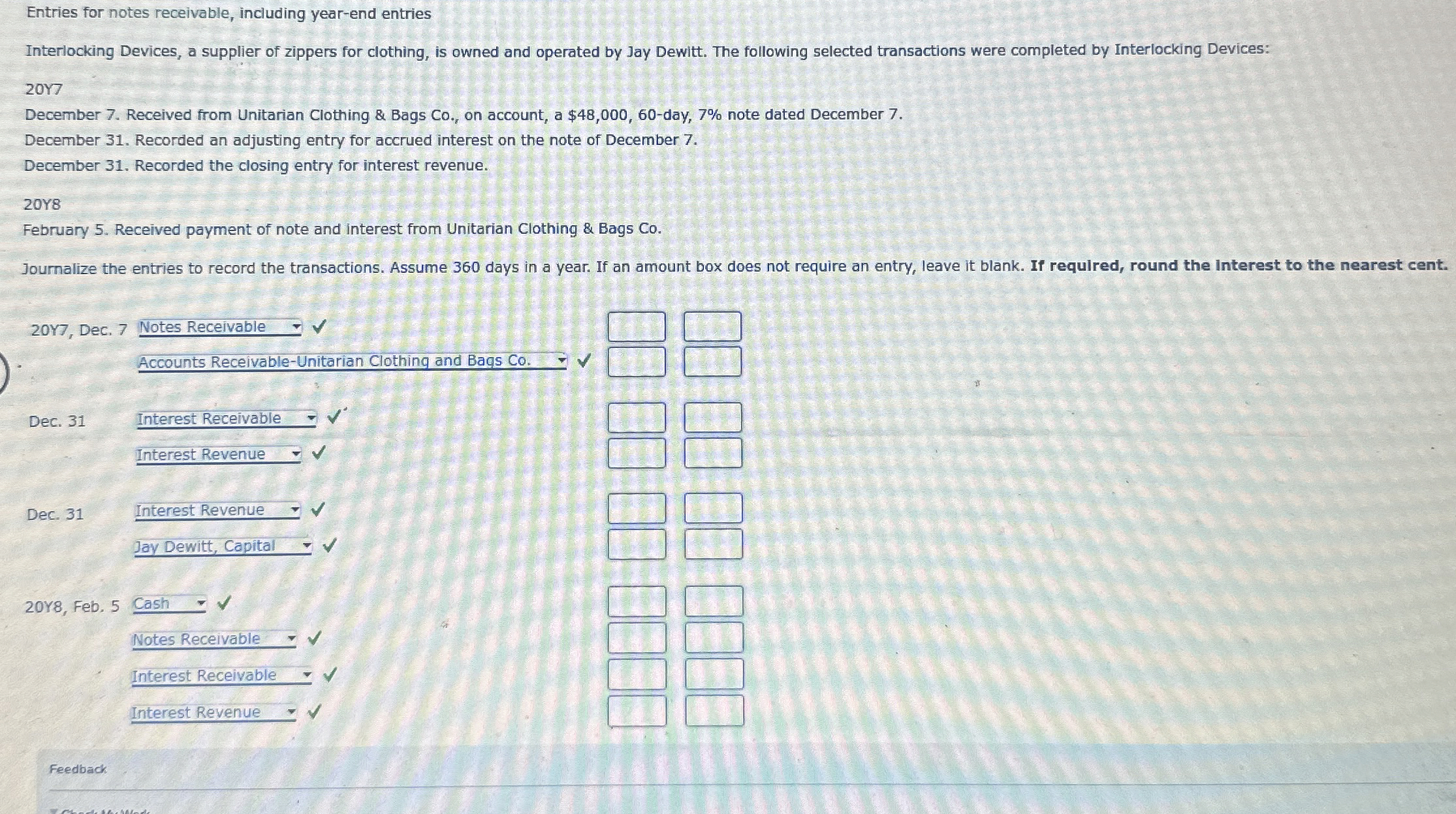 Entries for notes receivable, including year -