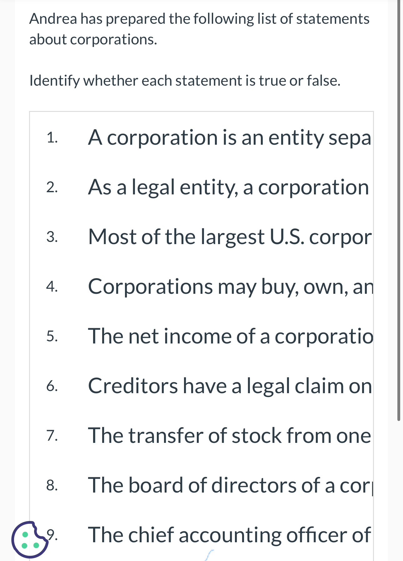 Andrea has prepared the following list of