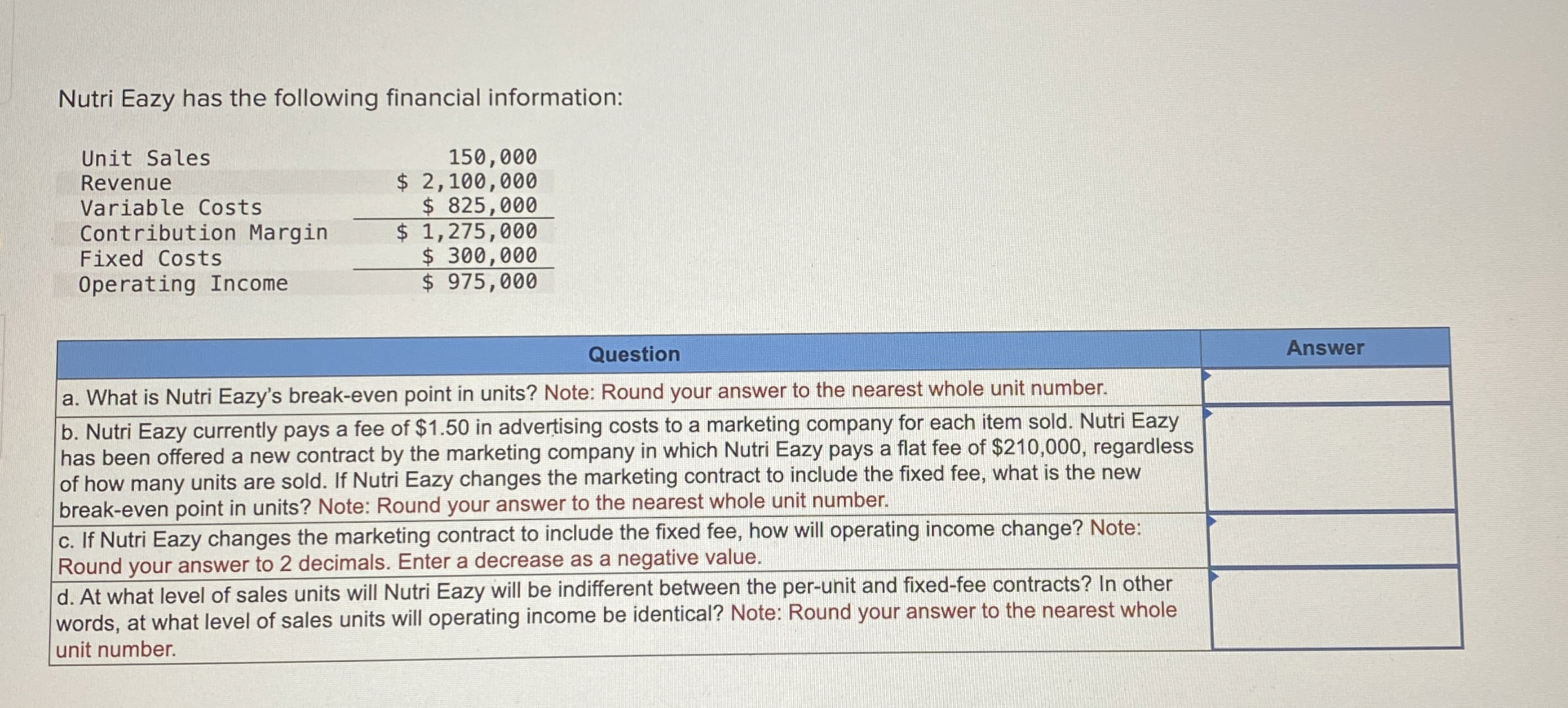 Nutri Eazy has the following financial