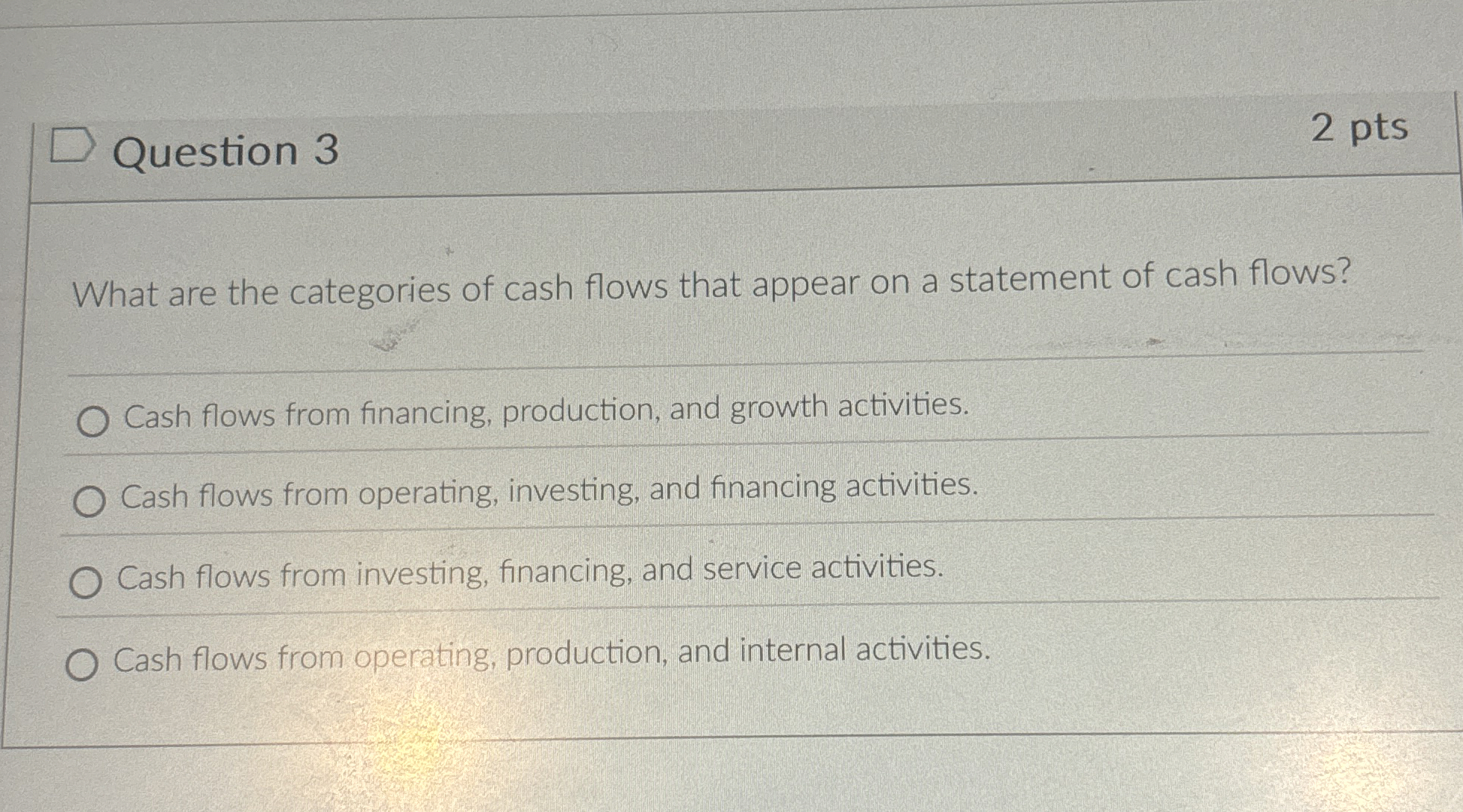 Question 3 2 pts What are the categories of cash